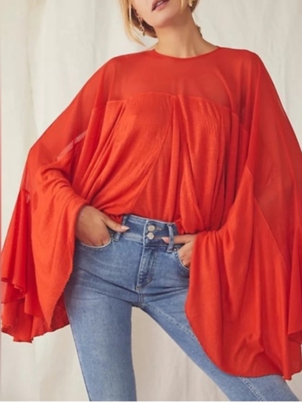 Free People On The Weekend Wide Flowy Sleeve Orange Top